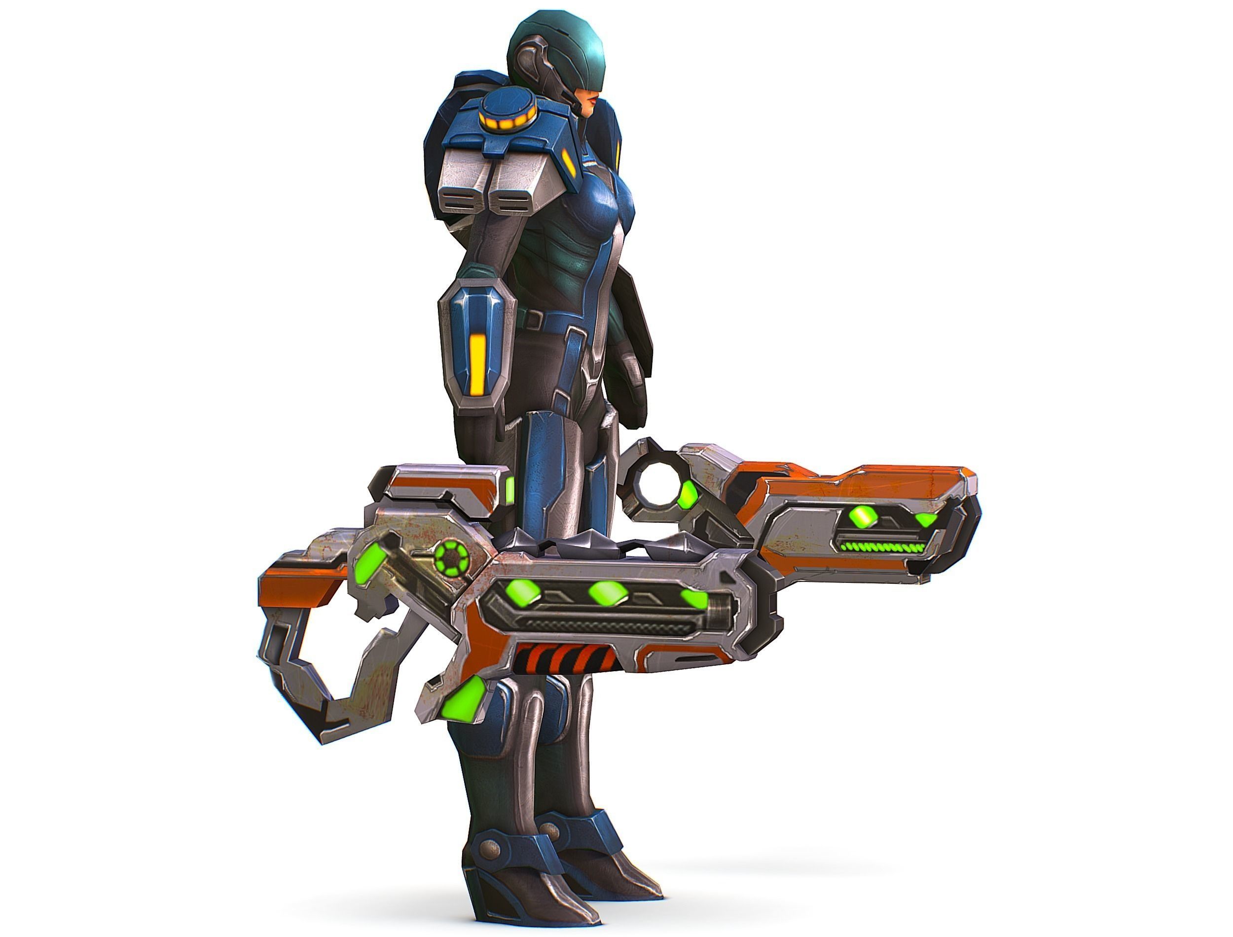 Woman Cyborg Soldier with Rifle and Pistol Low-poly 3D model_3