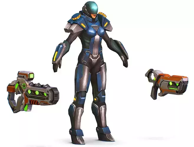 Woman Cyborg Soldier with Rifle and Pistol Low-poly 3D model Woman Cyborg Soldier with Rifle and Pistol Low-poly 3D model