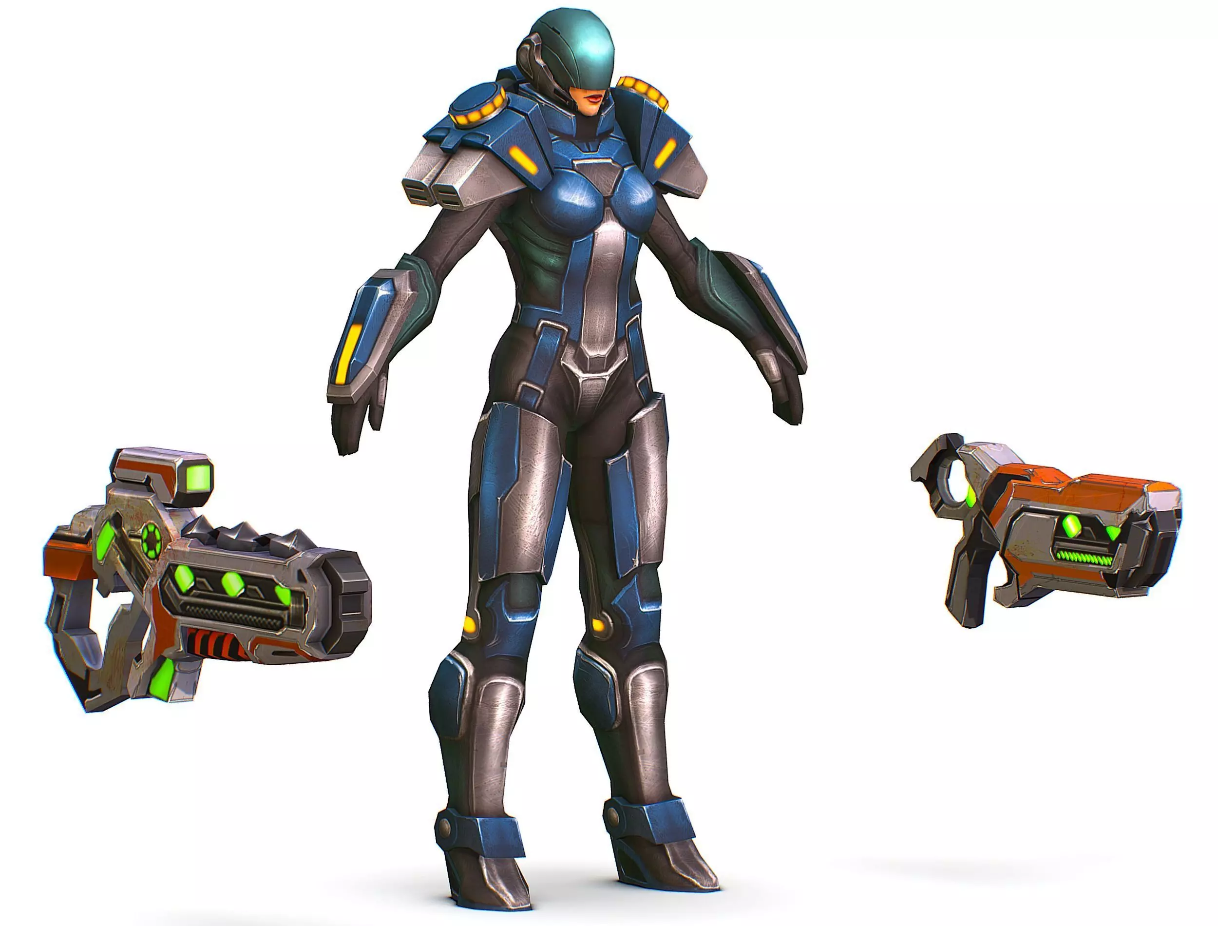 Woman Cyborg Soldier with Rifle and Pistol Low-poly 3D model_0