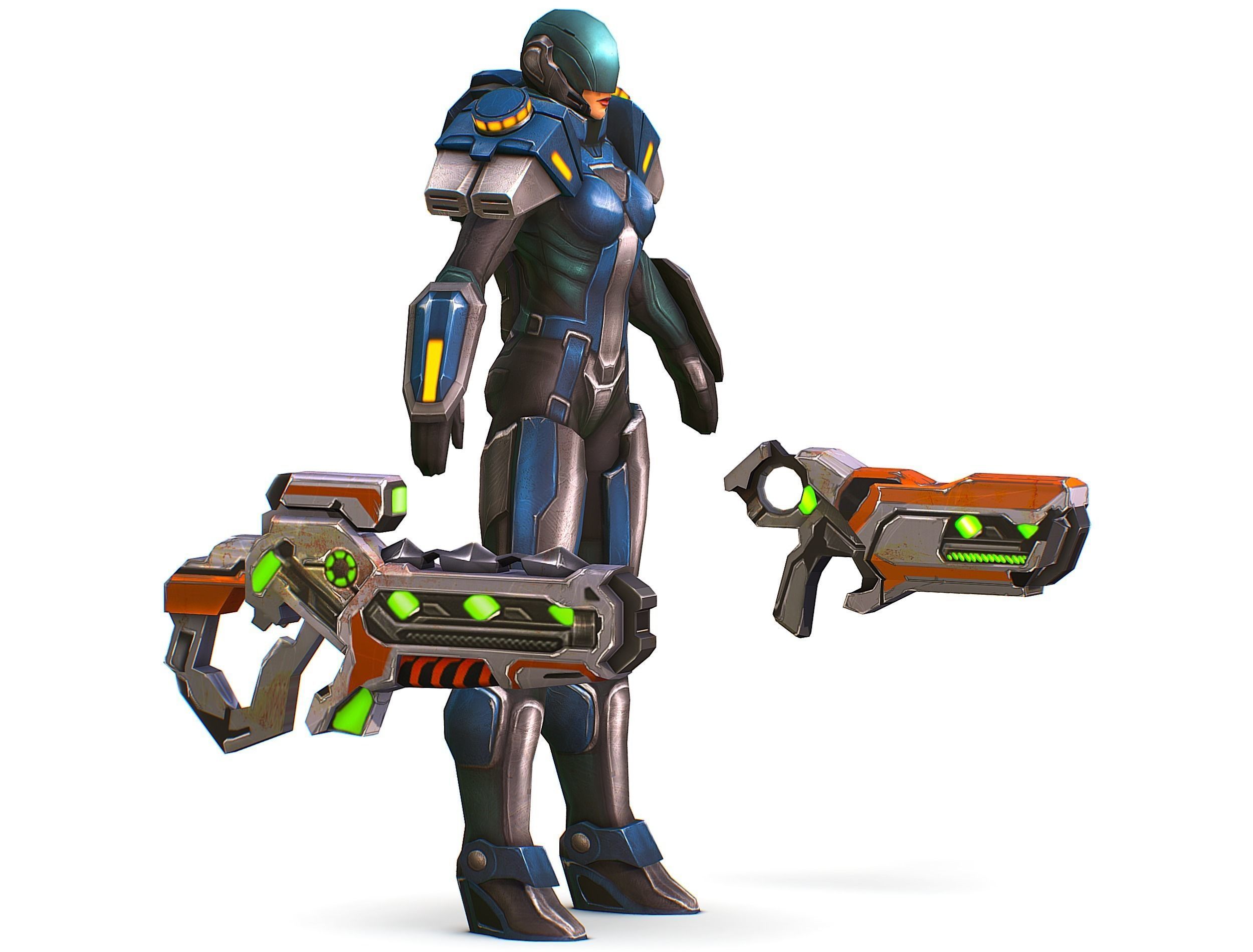 Woman Cyborg Soldier with Rifle and Pistol Low-poly 3D model_2