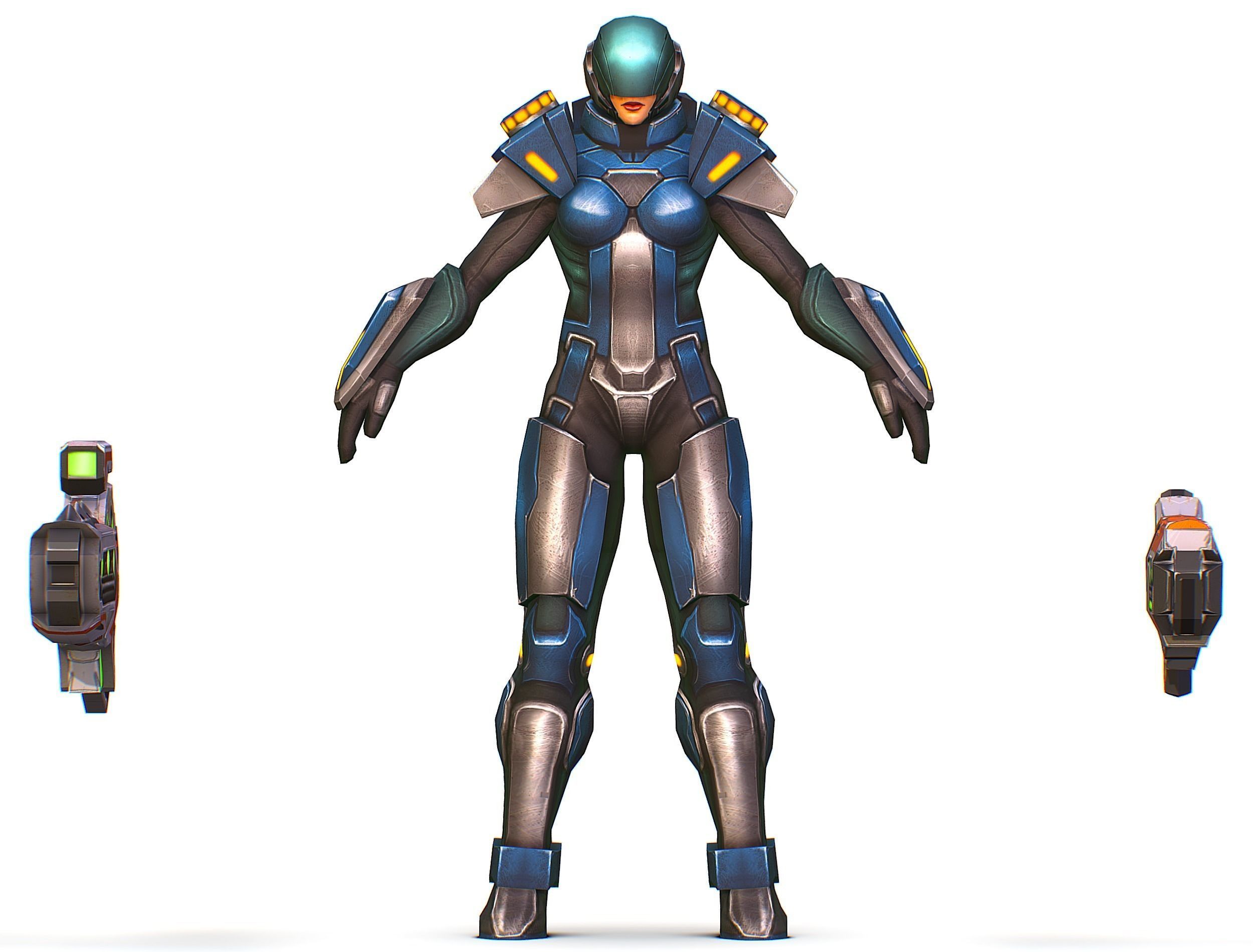 Woman Cyborg Soldier with Rifle and Pistol Low-poly 3D model_35