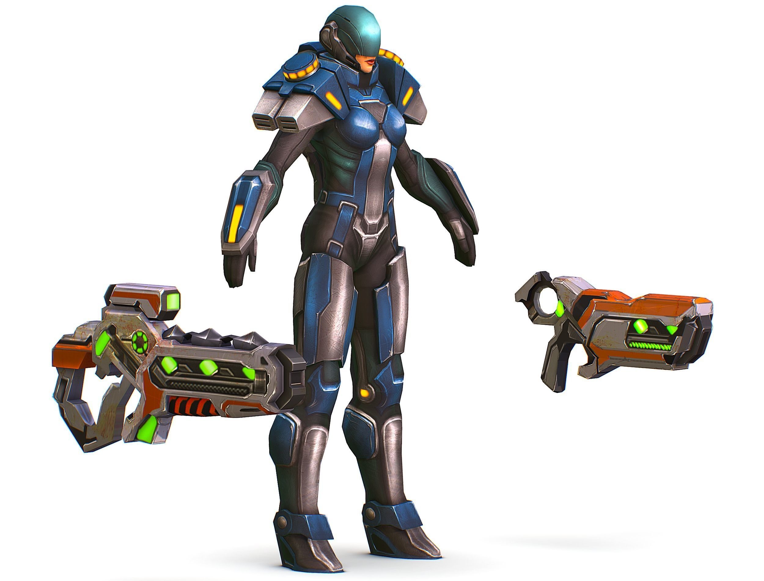 Woman Cyborg Soldier with Rifle and Pistol Low-poly 3D model_1