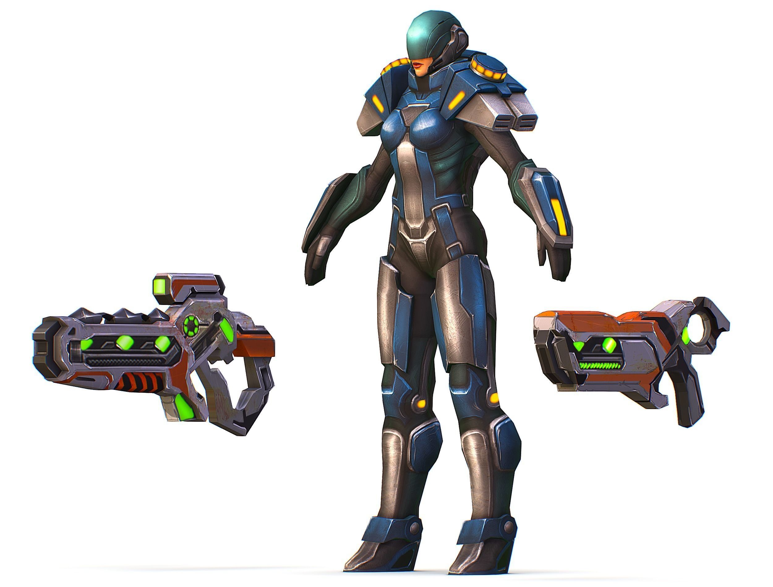 Woman Cyborg Soldier with Rifle and Pistol Low-poly 3D model_22