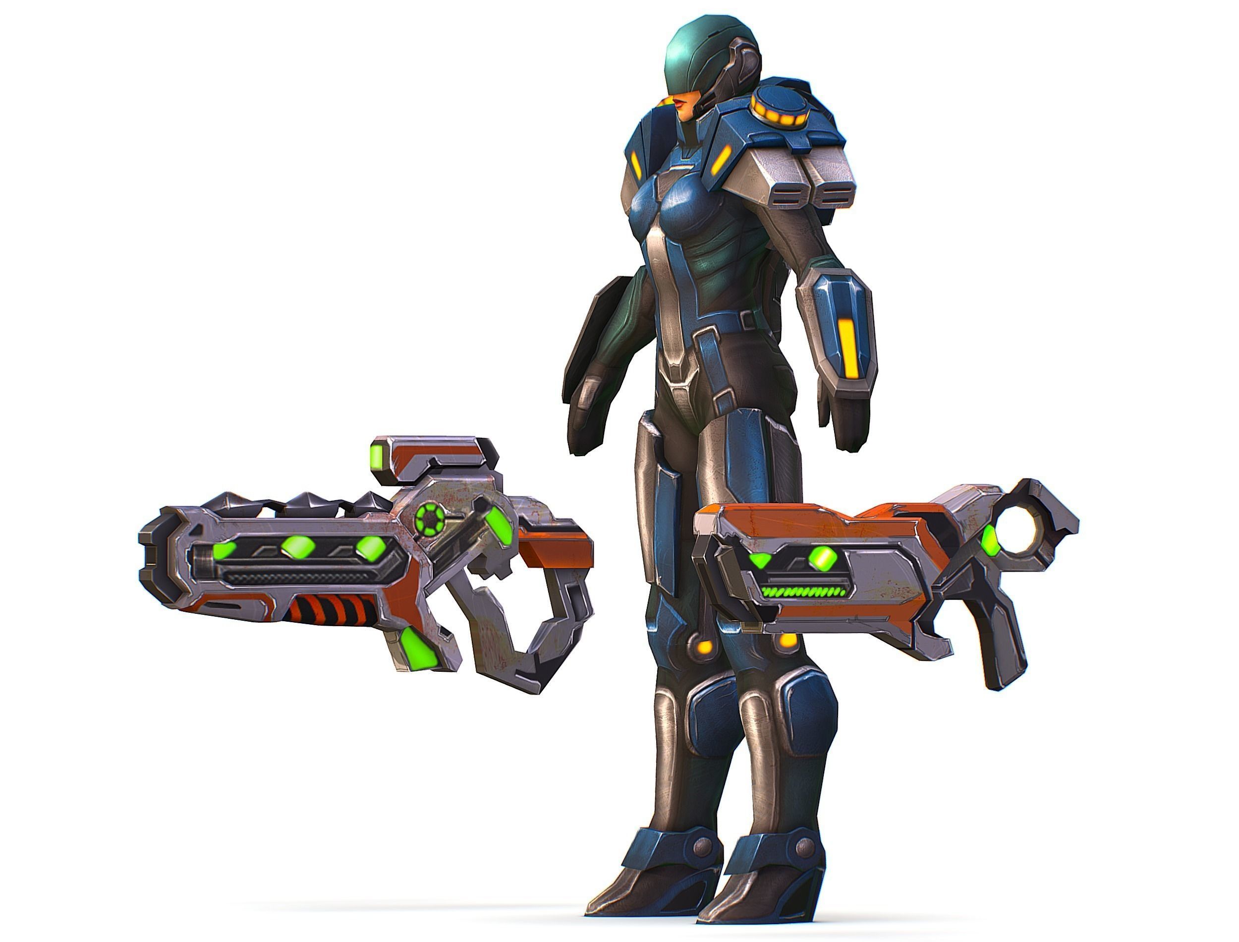 Woman Cyborg Soldier with Rifle and Pistol Low-poly 3D model_21