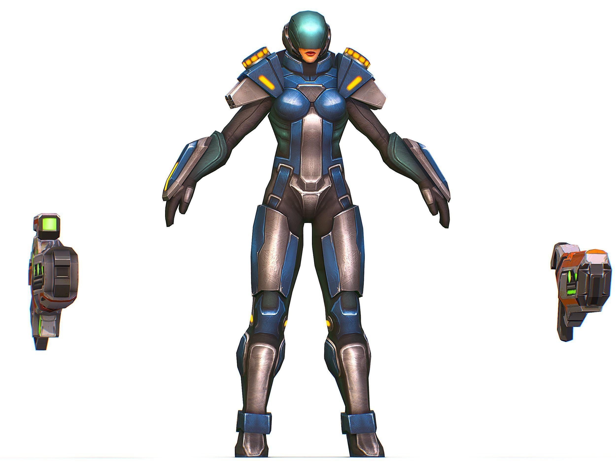 Woman Cyborg Soldier with Rifle and Pistol Low-poly 3D model_26