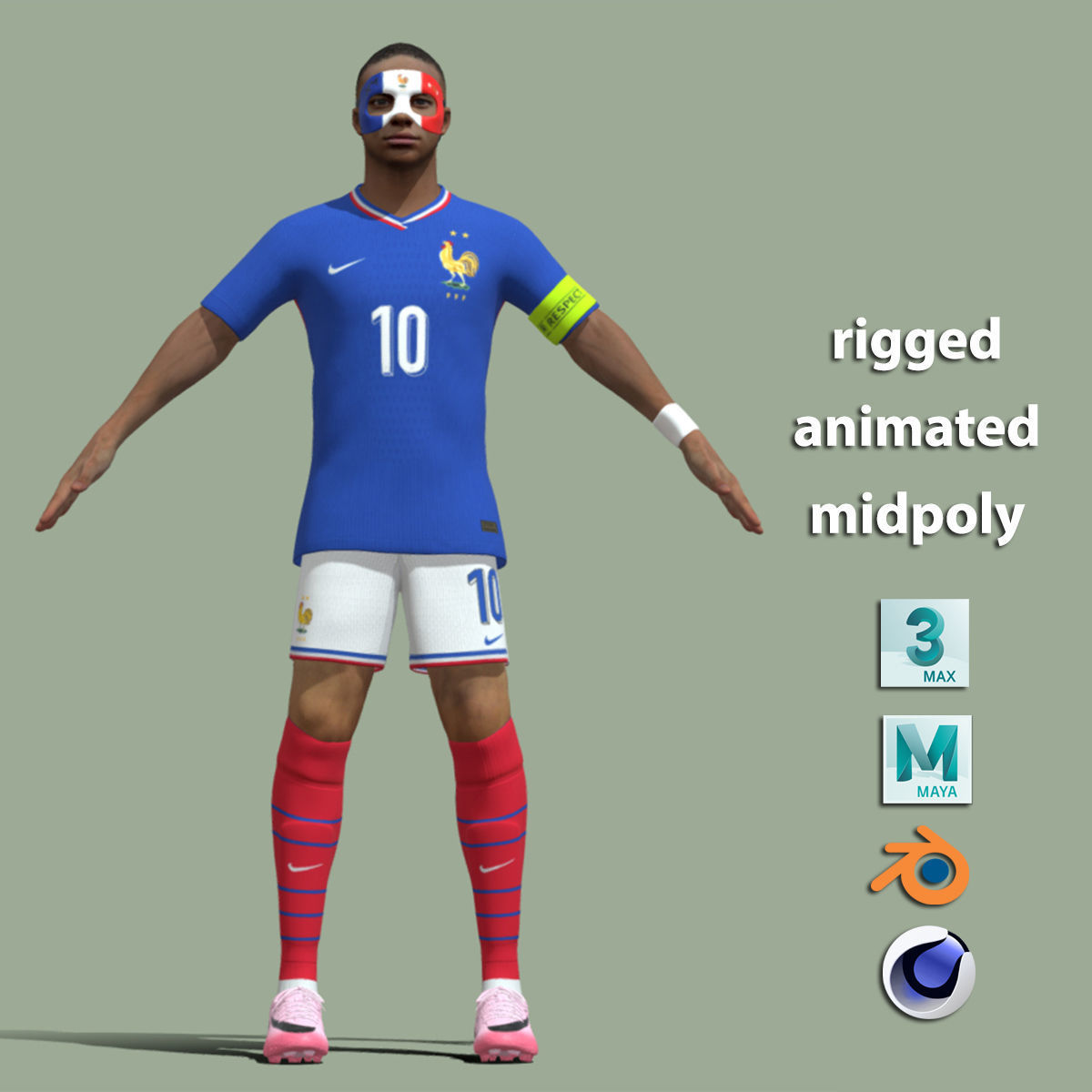 T-Pose Rigged Kylian Mbappe Euro 2024 3D model_2