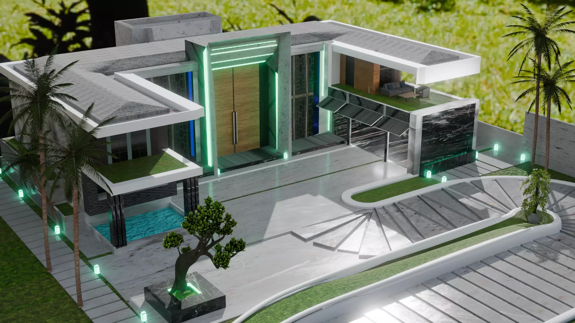 modern villa exterior design Low-poly 3D model_0