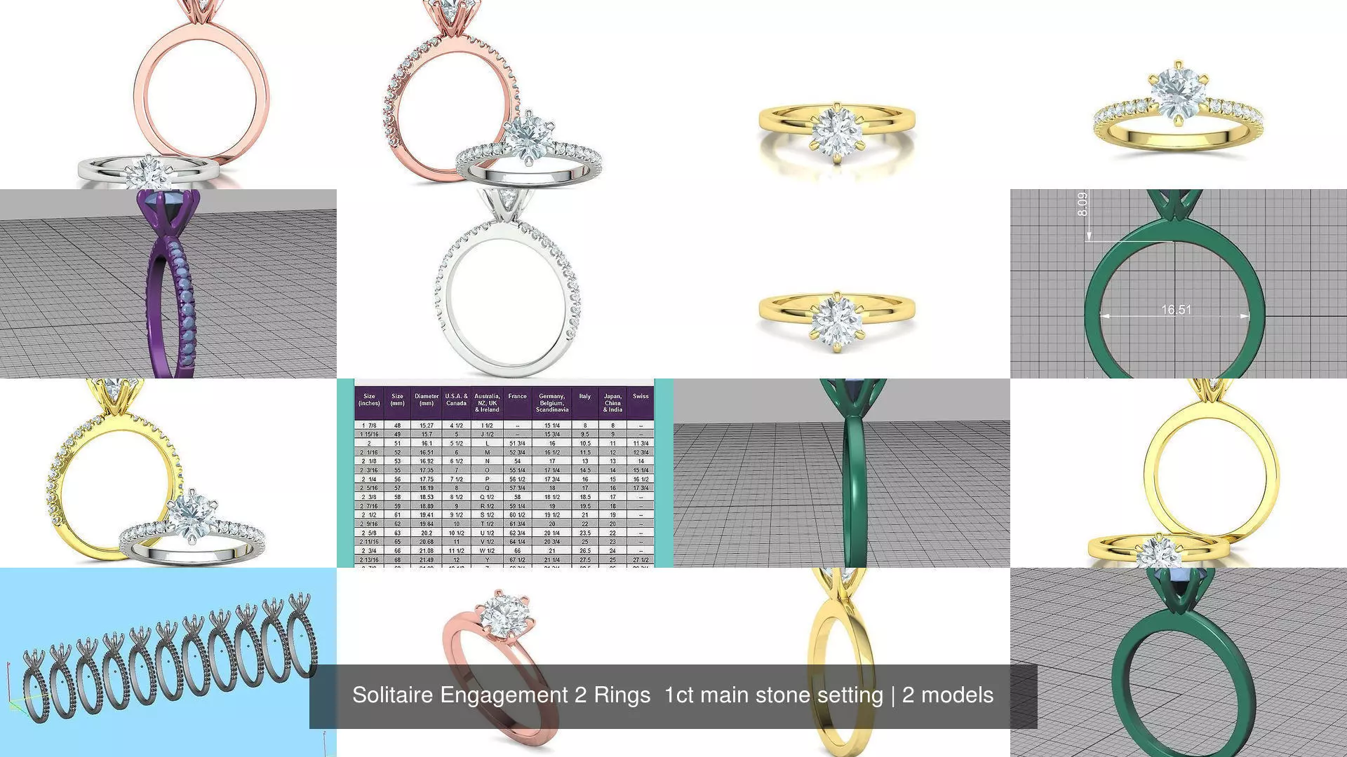 Solitaire Engagement 2 Rings  1ct main stone setting 3D Model Collection_1
