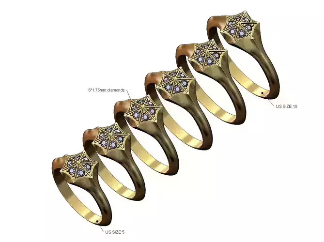 Diamond facetes hexagonal star signet ring US sizes 5to10