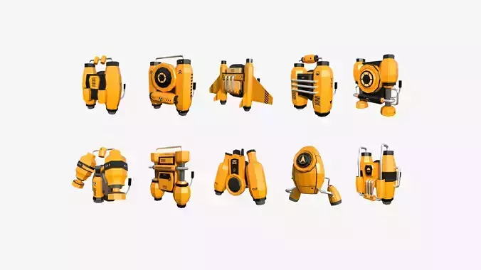 10 Jetpack Low Poly Collection Yellow - SciFi Character Design 