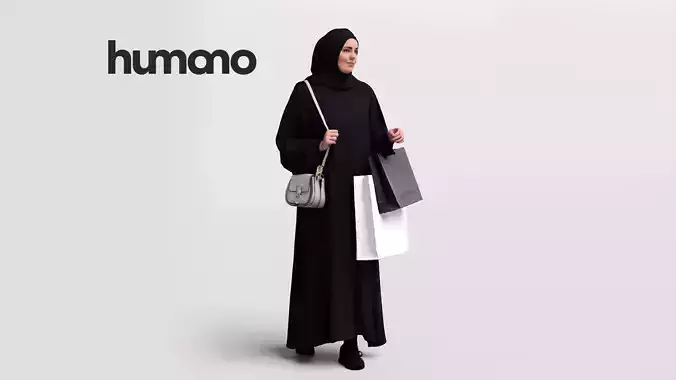 Humano Arab woman in hijab walking shopping bags - 2401-085-6171