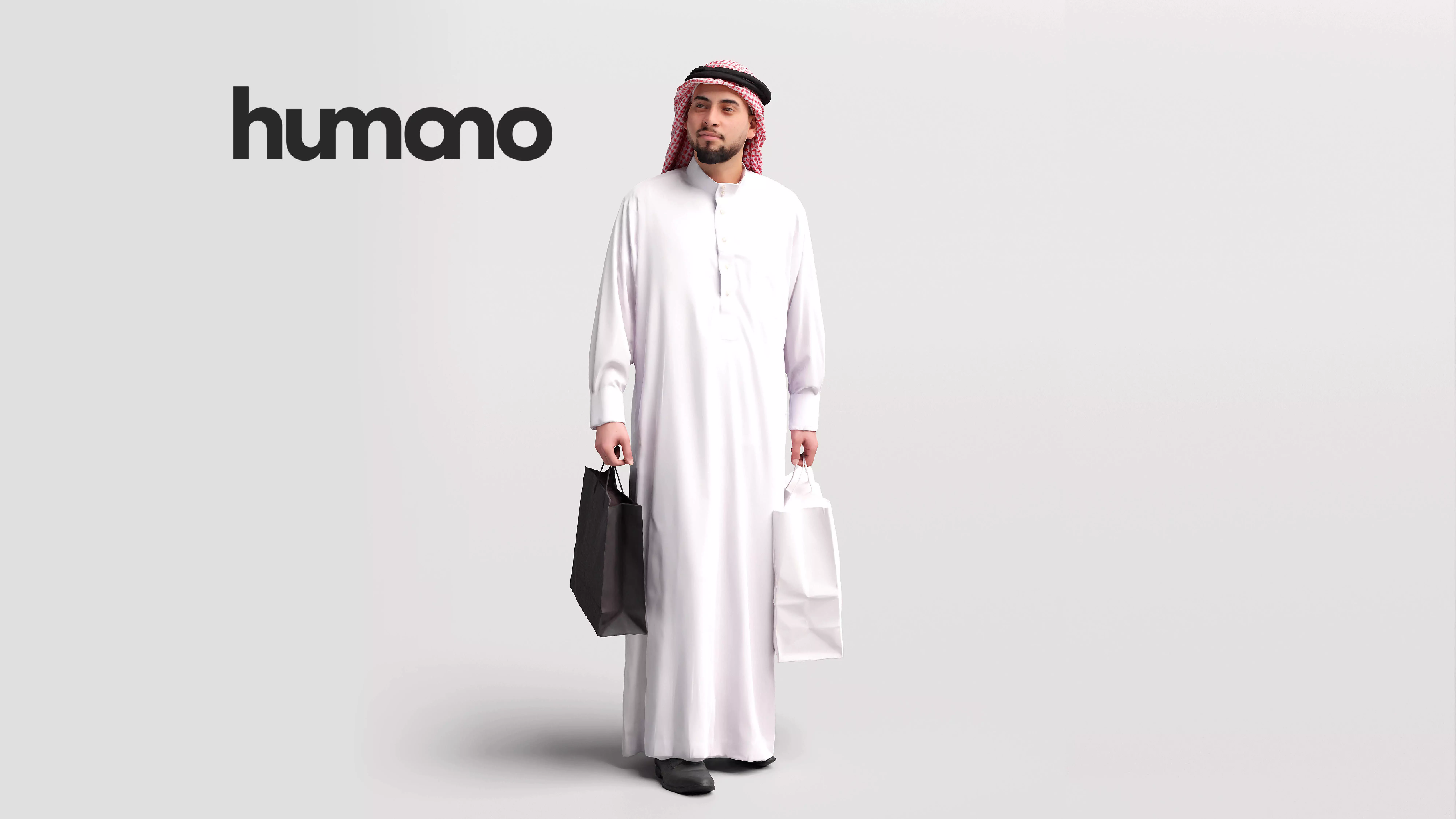 Humano Arab man in thobe walking with bags - 2401-067-6065 3D model_0