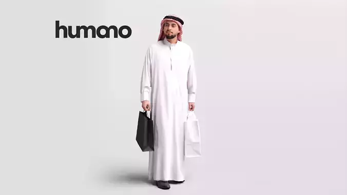 Humano Arab man in thobe walking with bags - 2401-067-6065