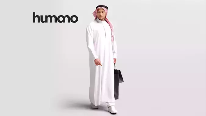 Humano Arab man in thobe walking with bags - 2401-066-6852