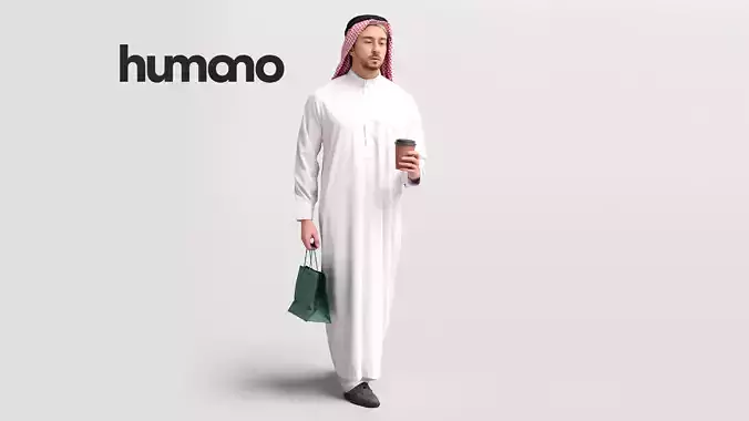 Humano Arab man in thobe walking with shopping bag - 062-6655