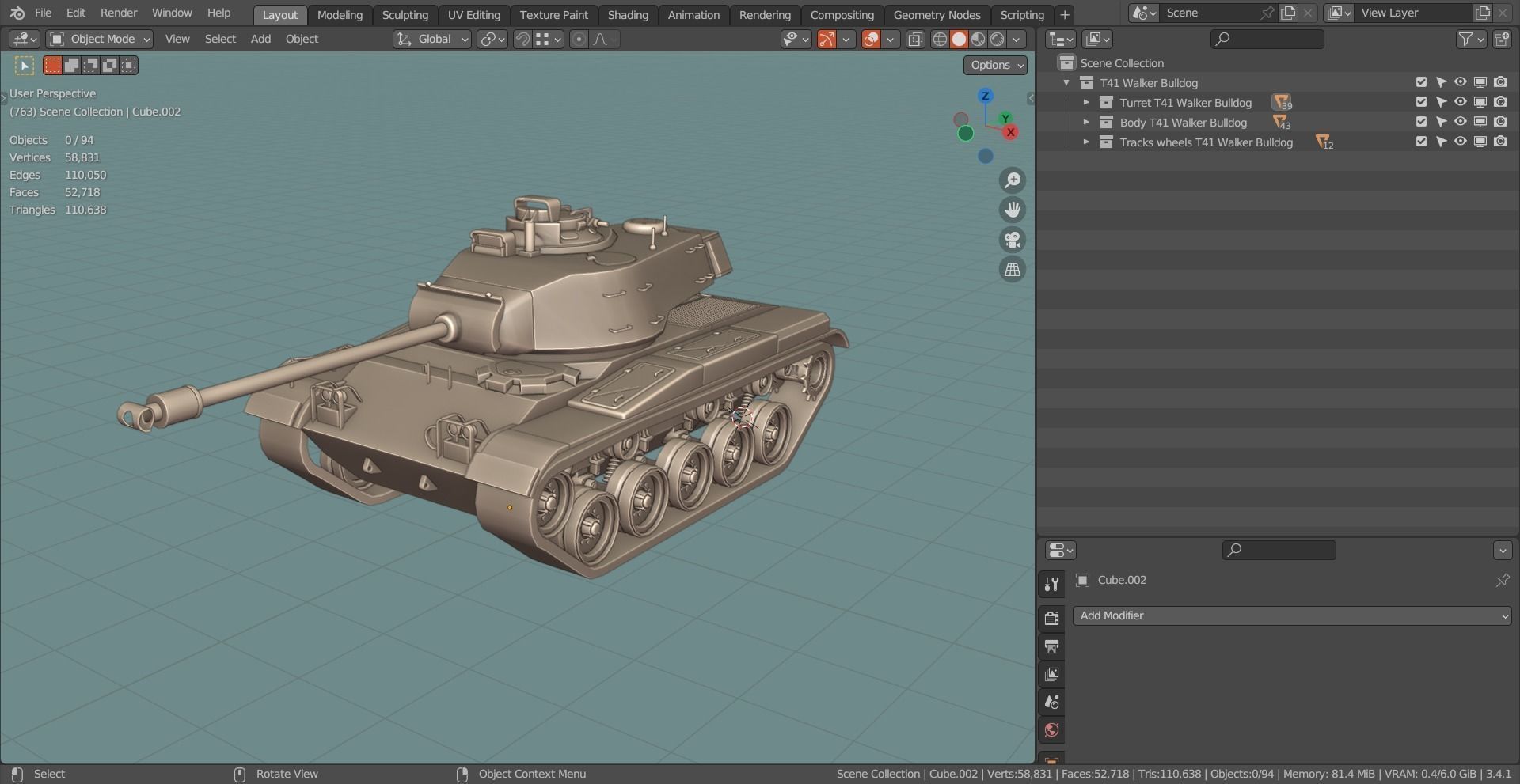 M41 Walker Bulldog TANK BASE MESH Low-poly 3D model_1