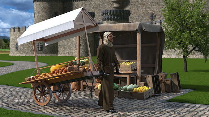 Medieval Trader with Cart 3D model 2