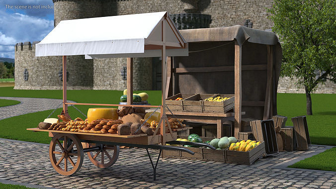 Market Stall Cart with Goods 3D model