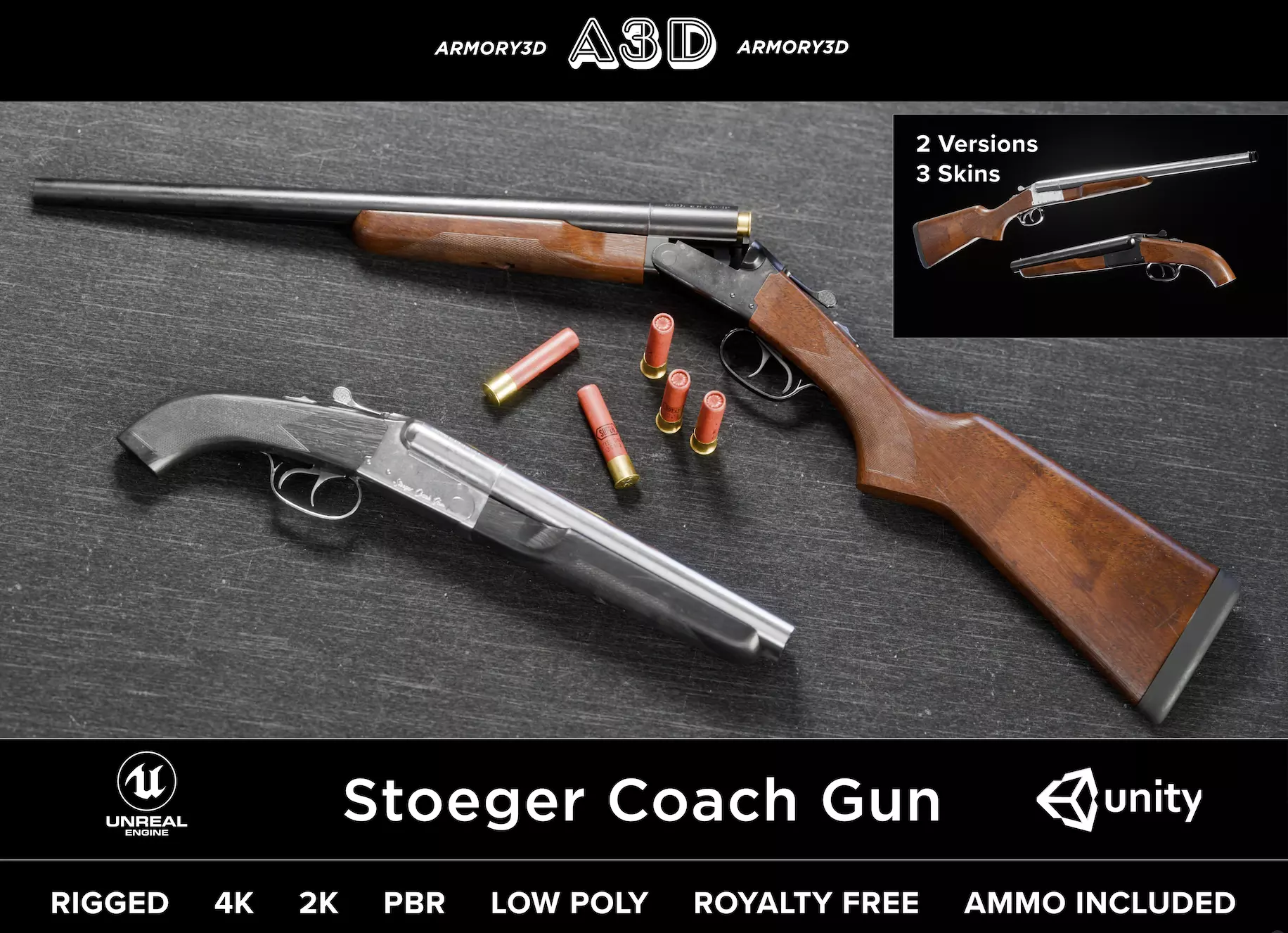 Game Ready Stoeger Double Barrel Coach Gun Long and Short Barrel Low-poly 3D model_0