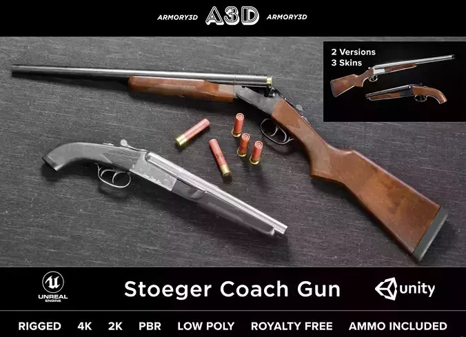 Game Ready Stoeger Double Barrel Coach Gun Long and Short Barrel Low-poly 3D model