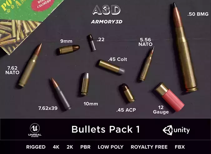 Bullets Pack 1 - Mixed Caliber Ammo Free low-poly 3D model
