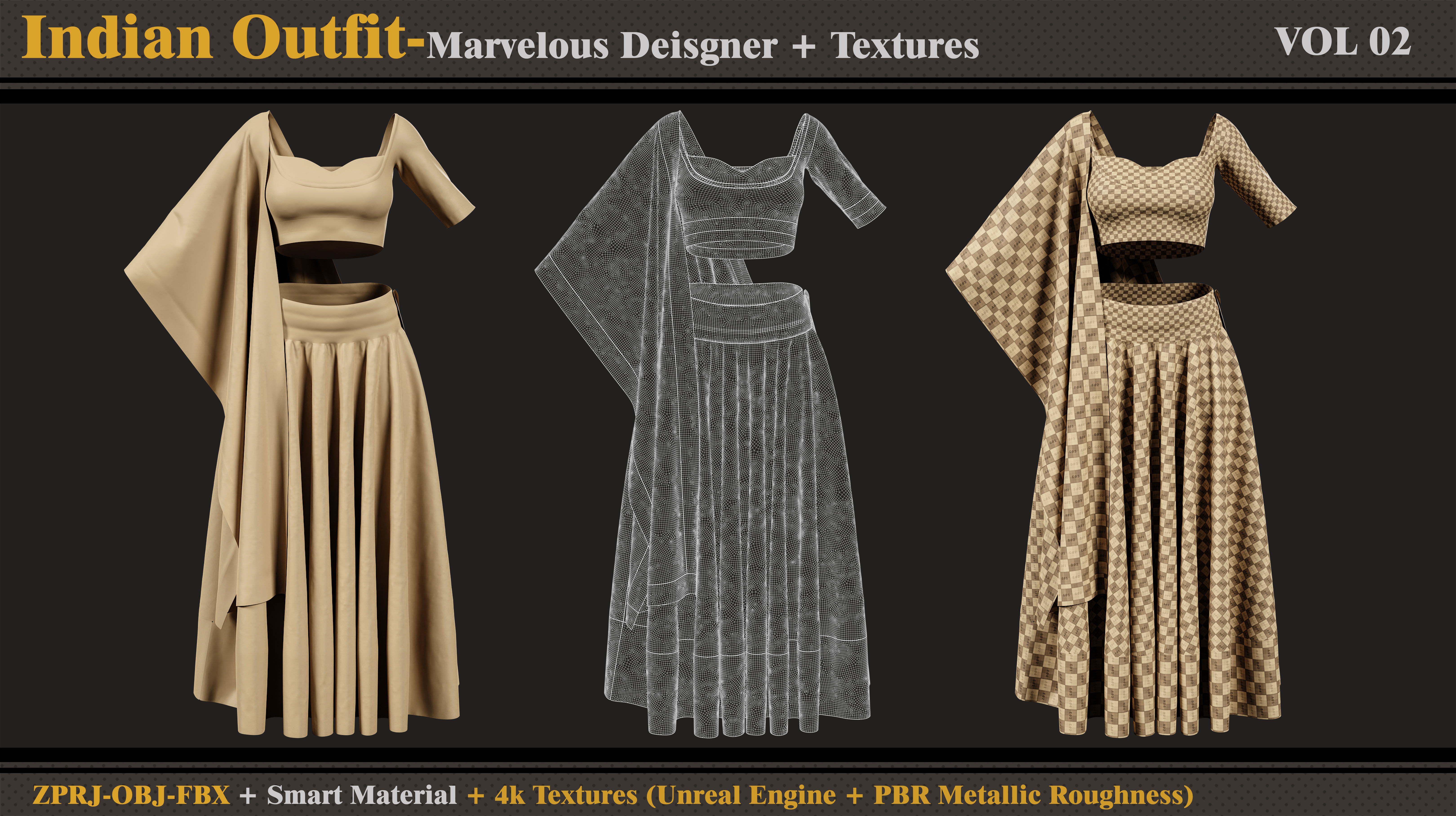 Indian Outfit-SAREE-MD-Clo3d -Material -Textures-OBJ-FBX 3D model_3