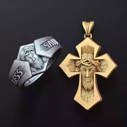 Jesus Head Cross Ring Pendant Set
