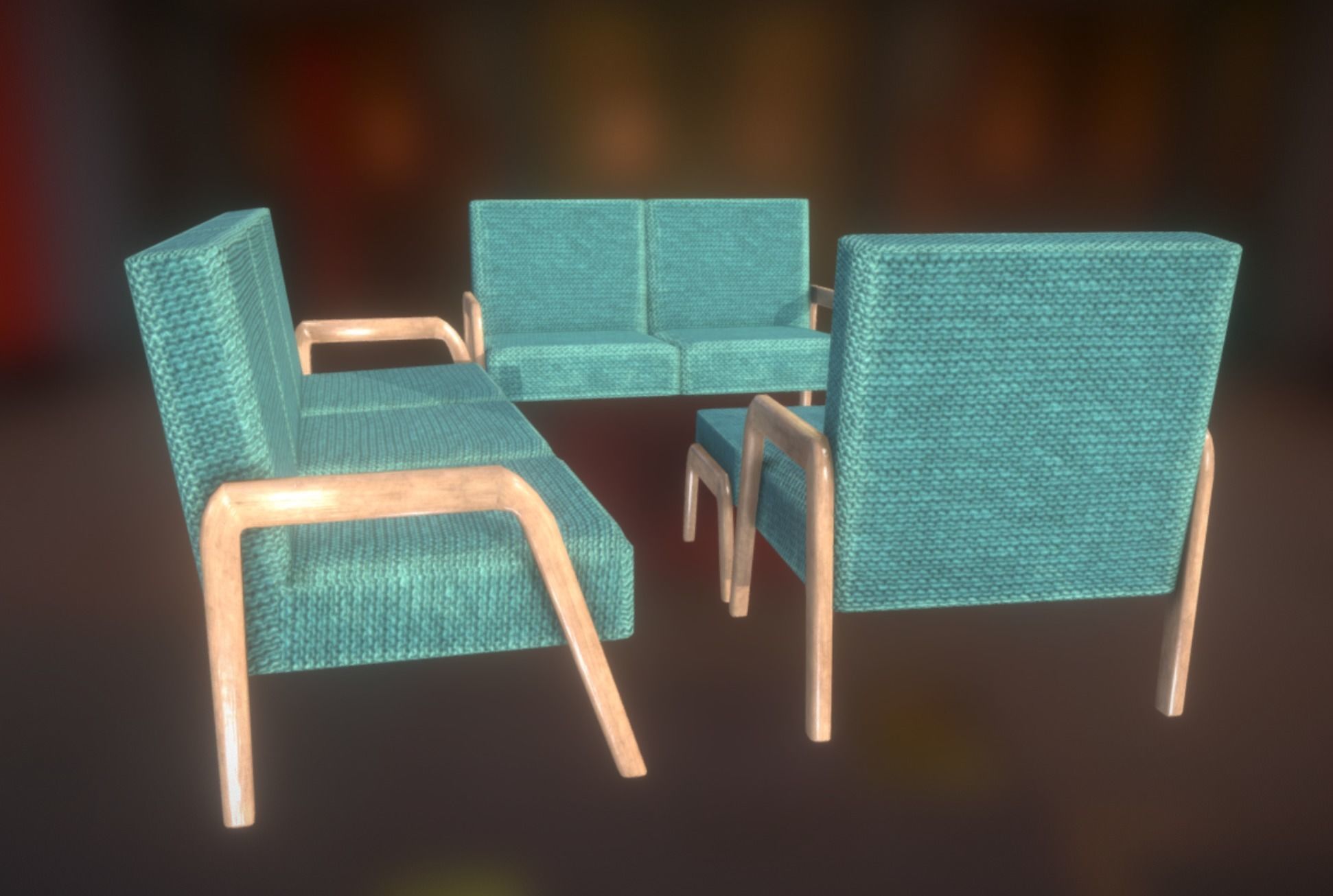  Armchair Sofa Pouf Set Mint Low Poly VR AR PBR 3D model_4