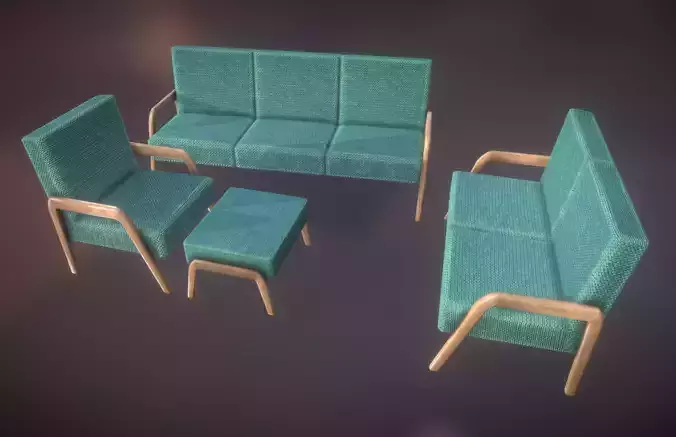  Armchair Sofa Pouf Set Mint Low Poly VR AR PBR 3D model