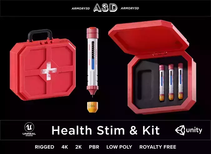 Game ready Health Stim and MedKit  Low-poly 3D model