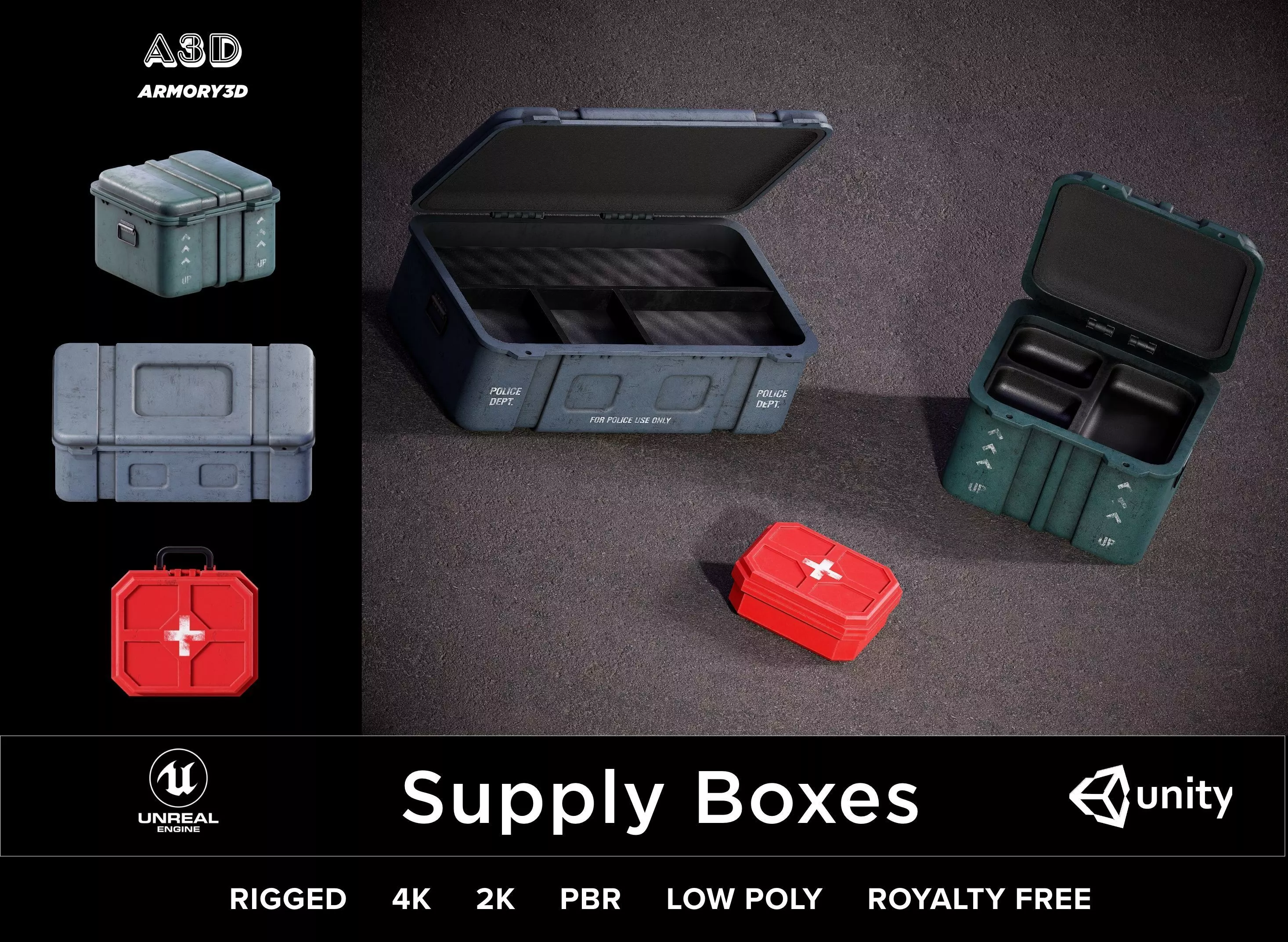 Game Ready Supply Boxes and Loot Crate PBR Rigged Low-poly 3D model_0