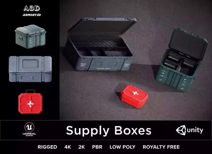 Game Ready Supply Boxes and Loot Crate PBR Rigged Low-poly 3D model