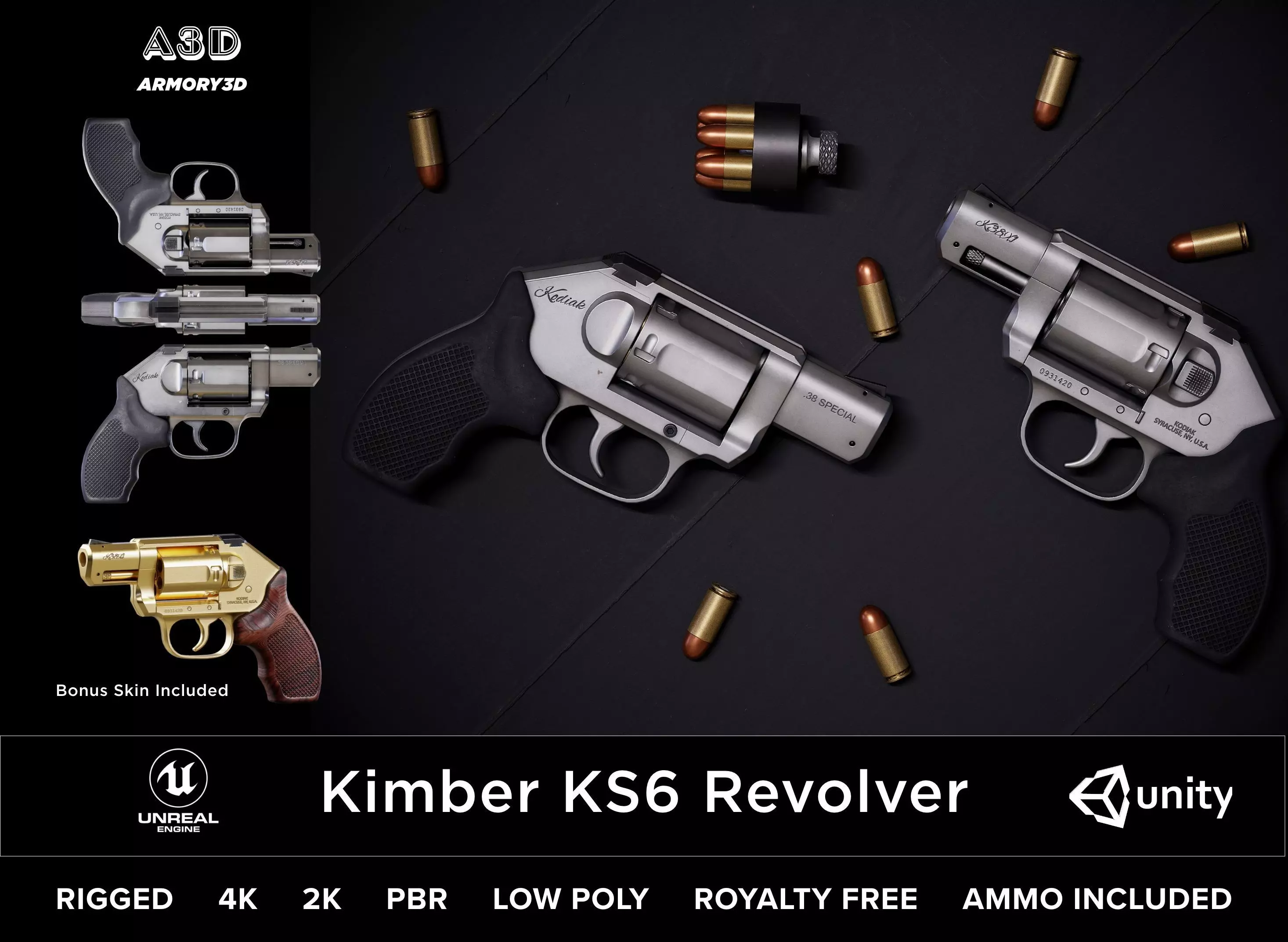 Game Ready Kimber KS6 Revolver PBR Rigged Low-poly 3D model