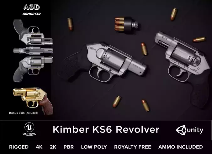 Game Ready Kimber KS6 Revolver PBR Rigged Low-poly 3D model