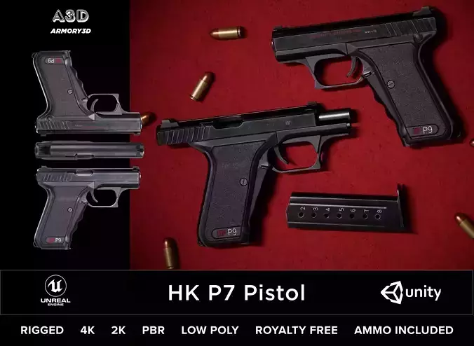 Game Ready HK P7 Pistol PBR Rigged