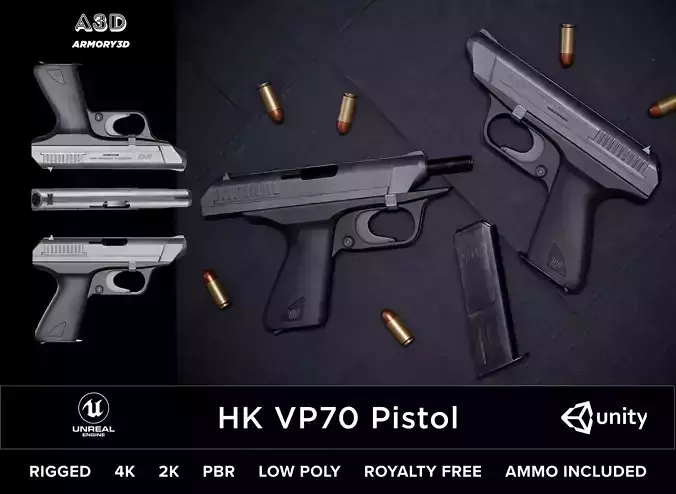 Game Ready HK VP70 Pistol Low-poly 3D model