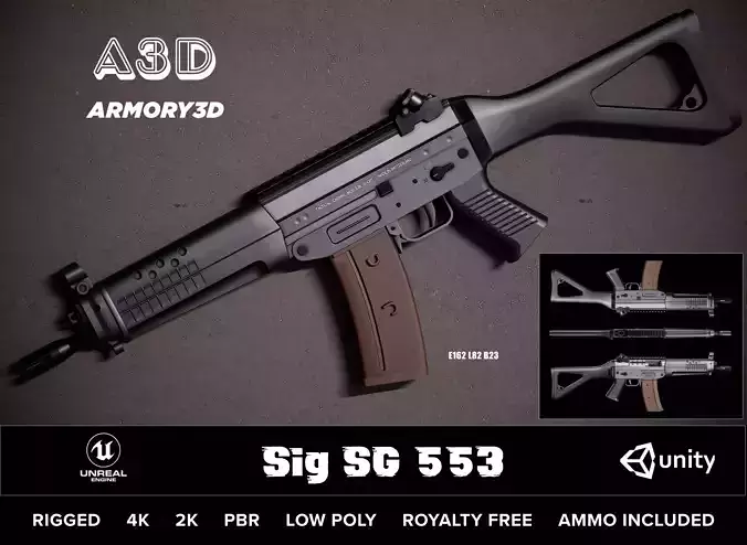 Game Ready Sig SG 553 Rifle PBR Rigged Low-poly 3D model