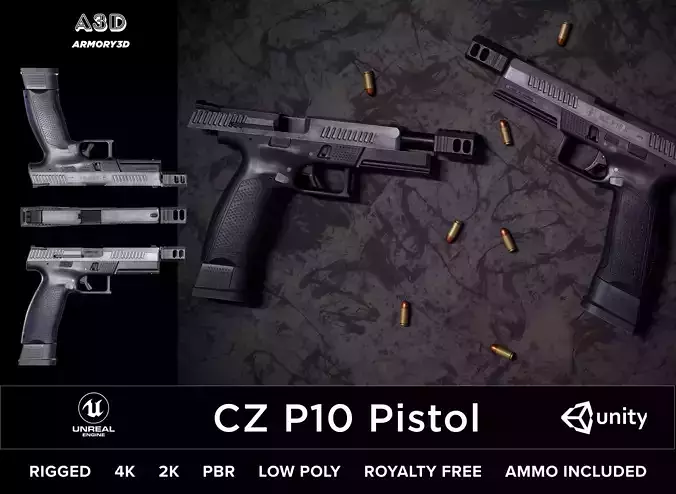 Game Ready Tactical CZ P10 Pistol PBR Rigged Low-poly 3D model