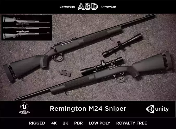 Game Ready Remington M24 Sniper Rifle PBR Rigged Low-poly 3D model