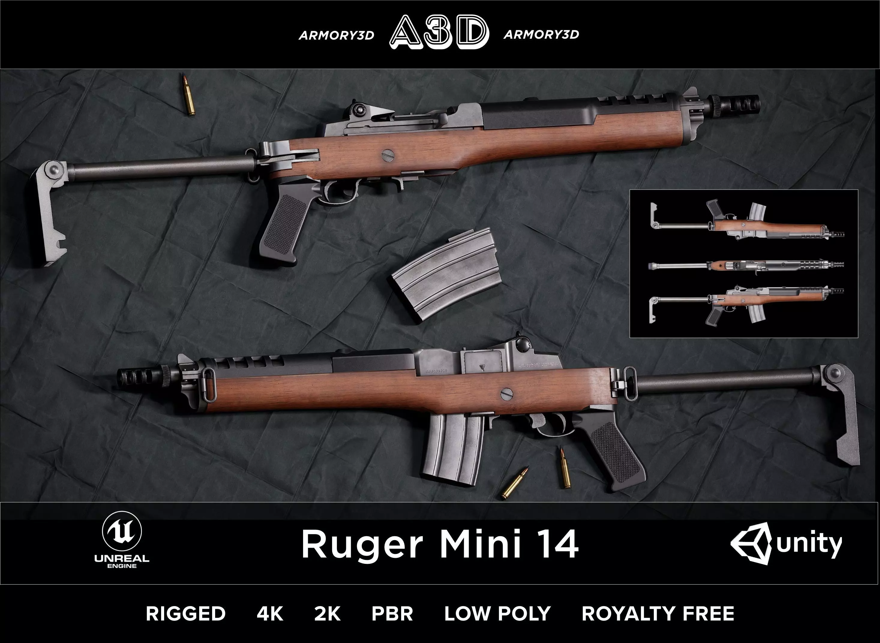 Game Ready Ruger Mini 14 PBR Rigged Low-poly 3D model_0