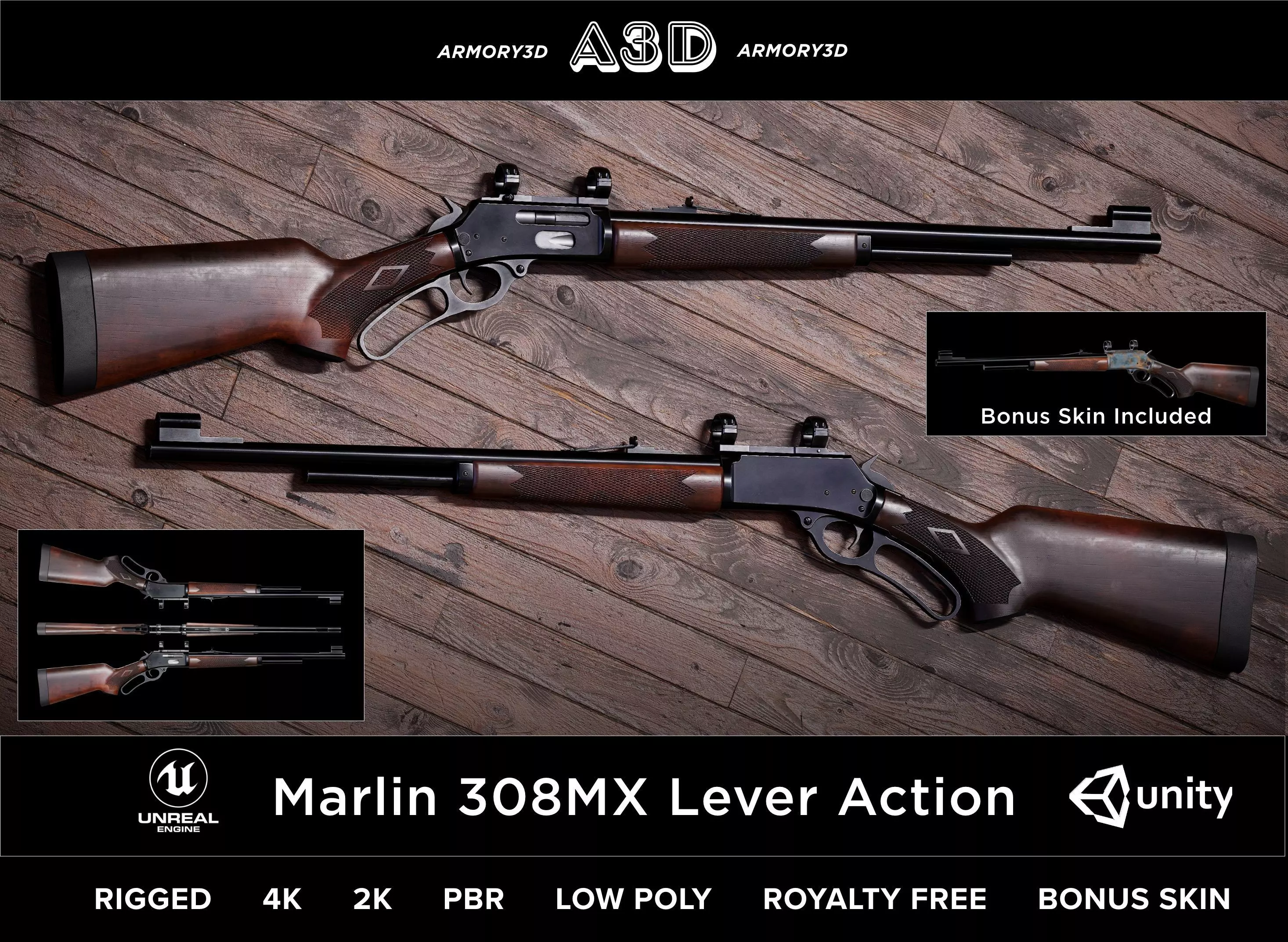 Game Ready Marlin 308MX Lever Action Rifle PBR Rifle Low-poly 3D model_0