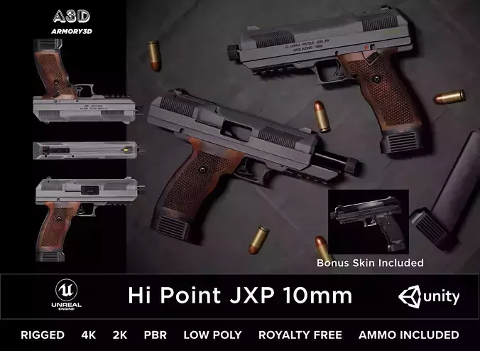 Game Ready Hi Point JXP 10mm Pistol PBR Rigged Free low-poly 3D model
