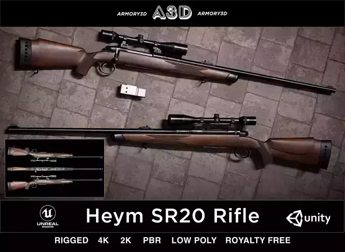 Game Ready Hyem SR20 Bolt Action Rifle PBR Rigged Low-poly 3D model