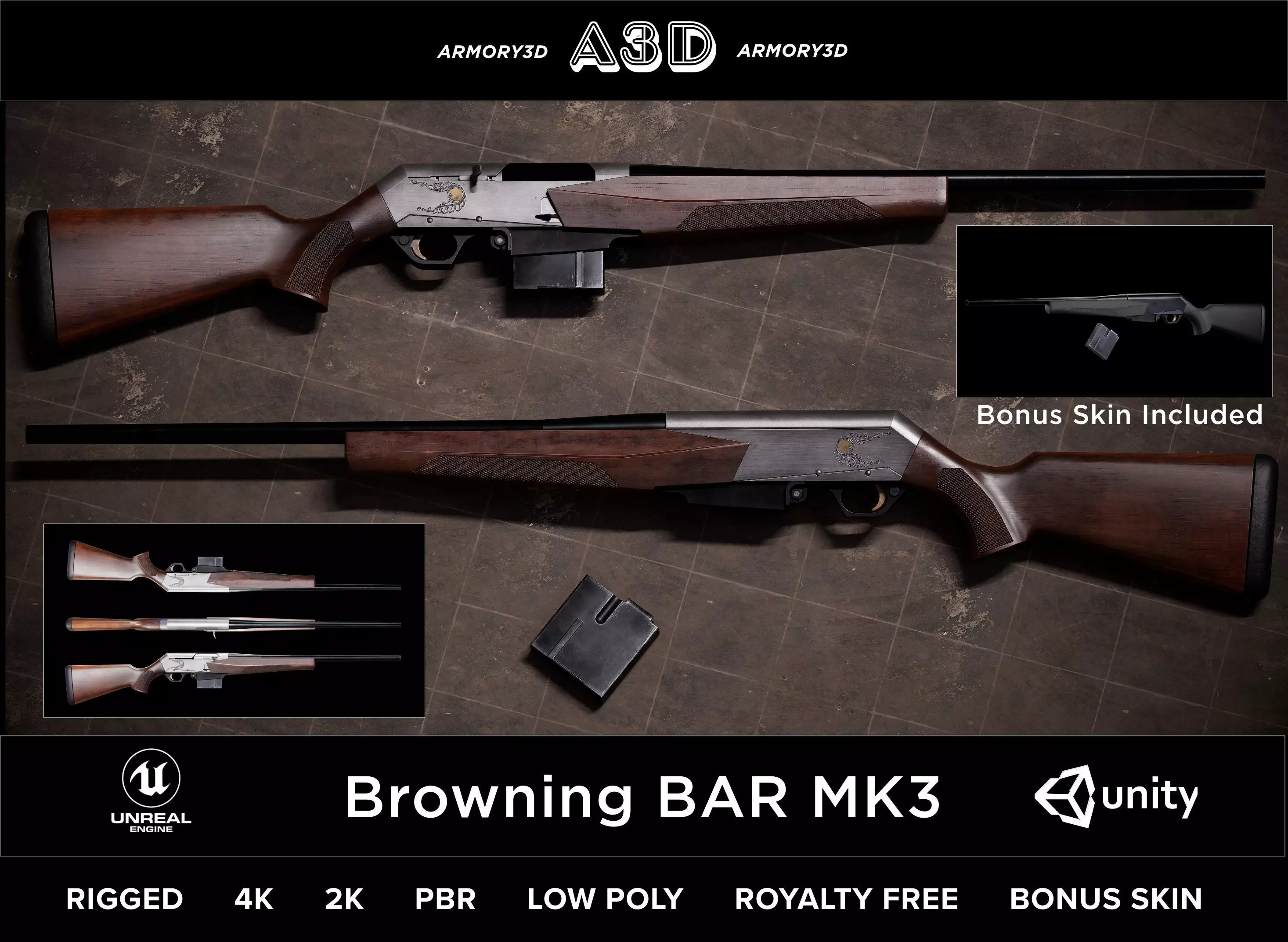 Game Ready Browning BAR MK3 PBR Rigged Low-poly 3D model_0