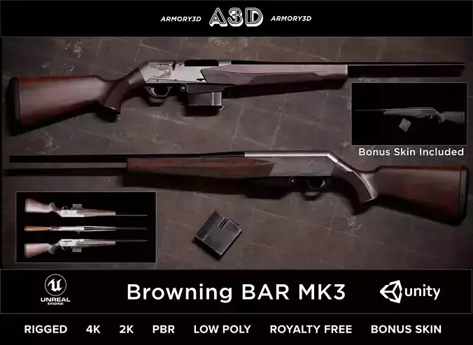Game Ready Browning BAR MK3 PBR Rigged