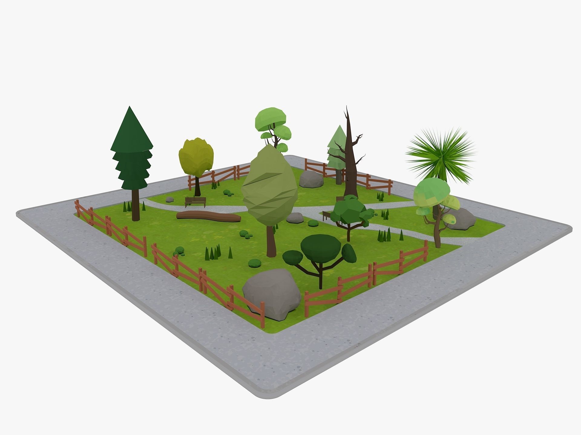 Cartoon Park with Tree Low-poly 3D model_3