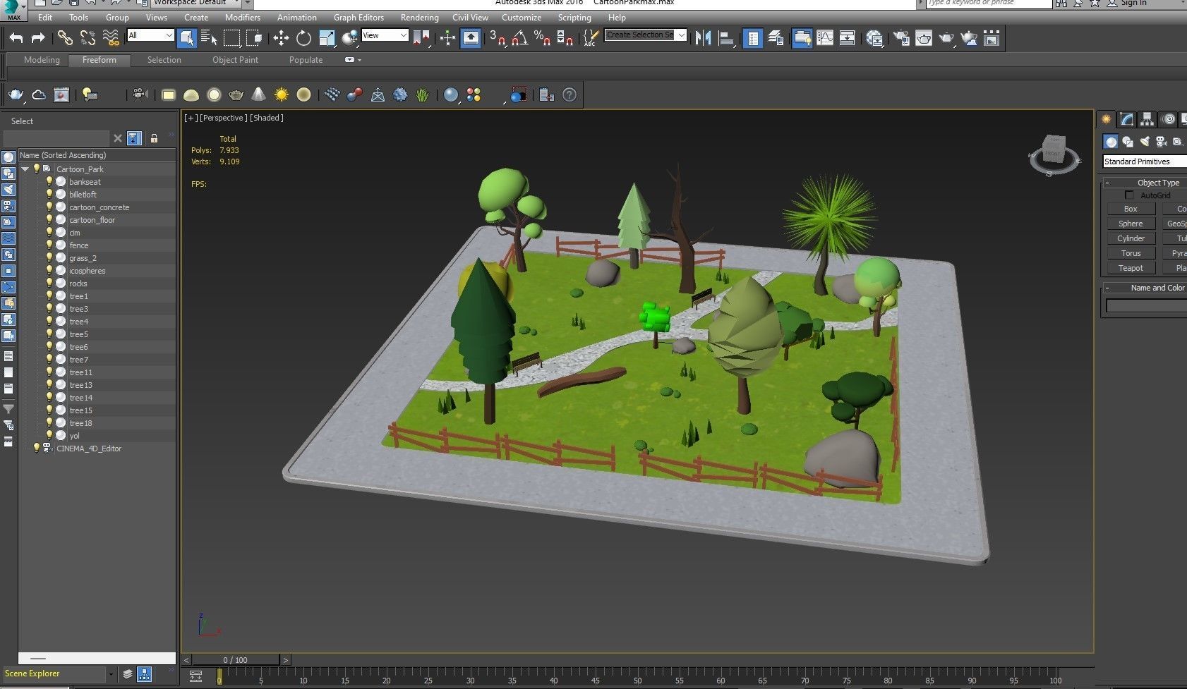 Cartoon Park with Tree Low-poly 3D model_7