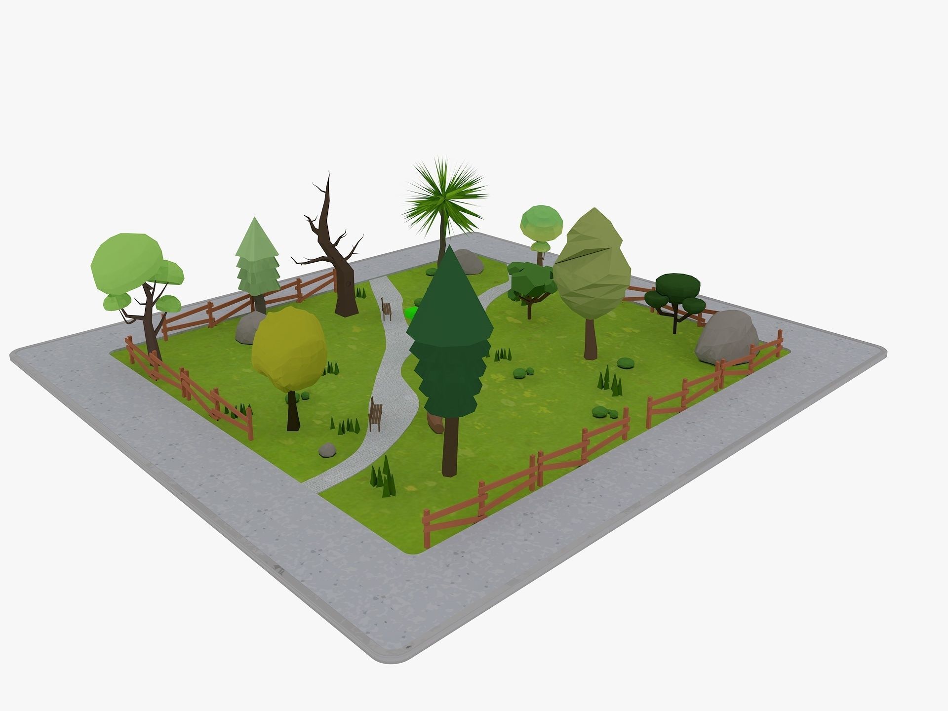 Cartoon Park with Tree Low-poly 3D model_1