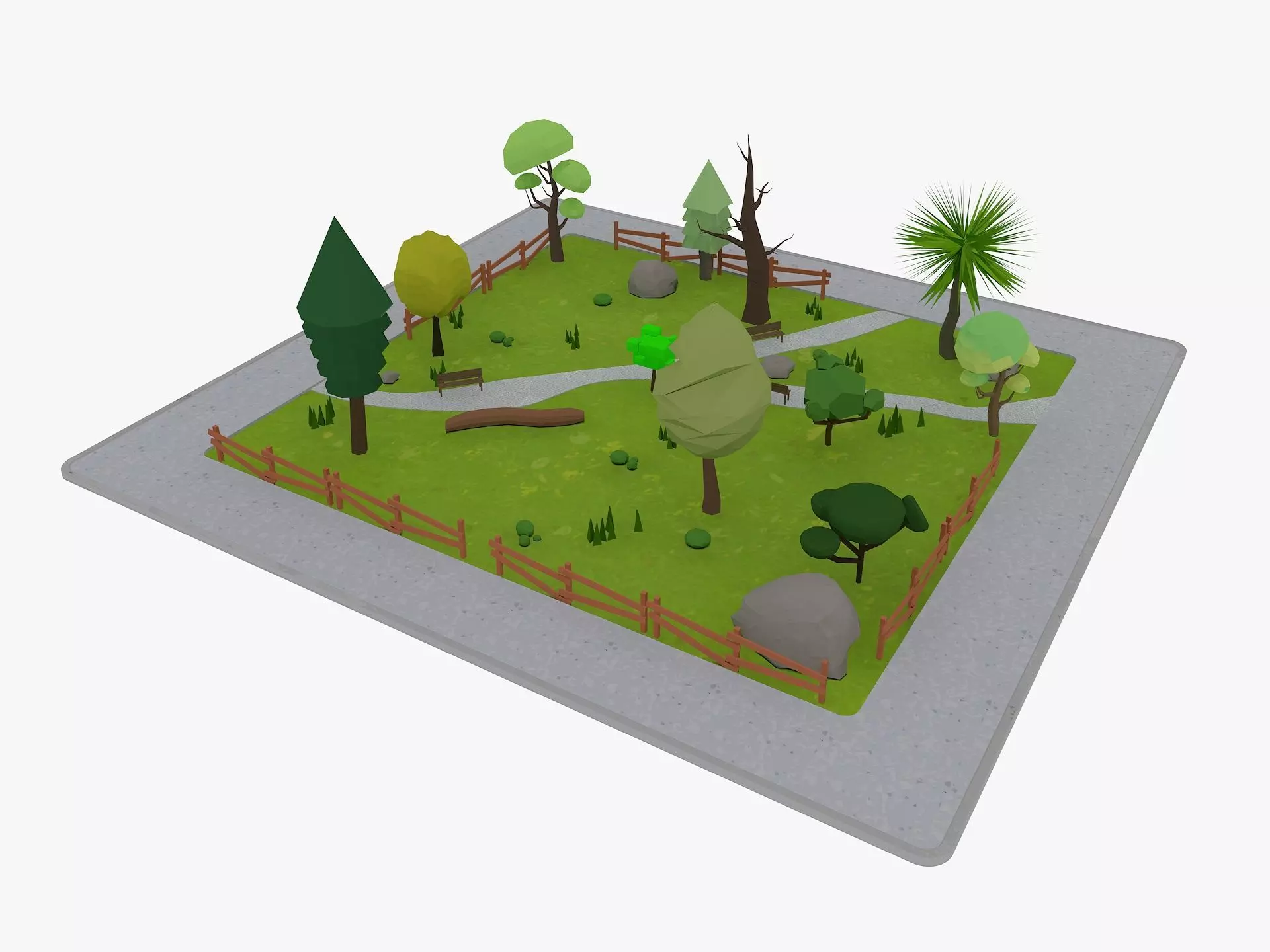 Cartoon Park with Tree Low-poly 3D model_0