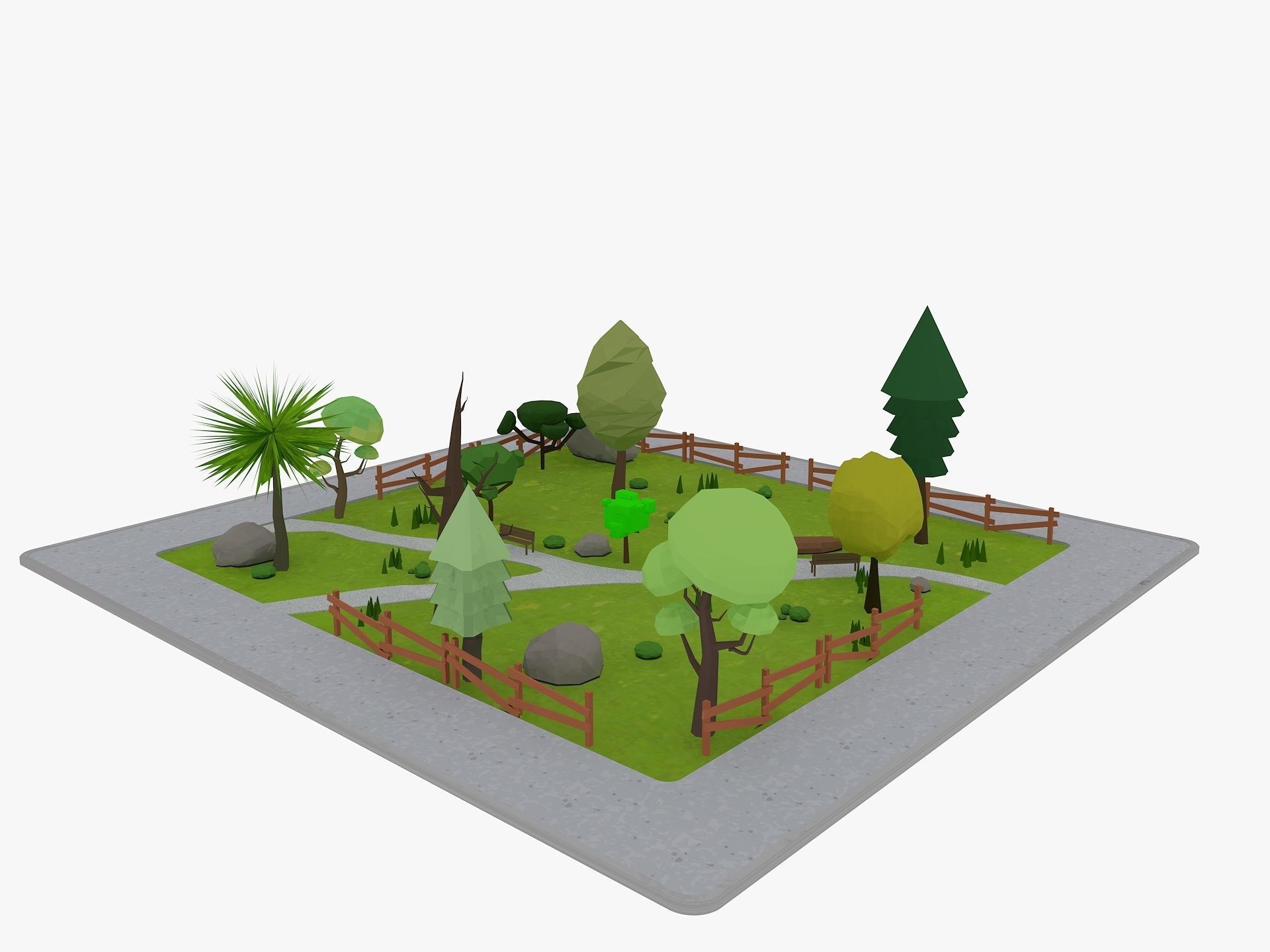 Cartoon Park with Tree Low-poly 3D model_2